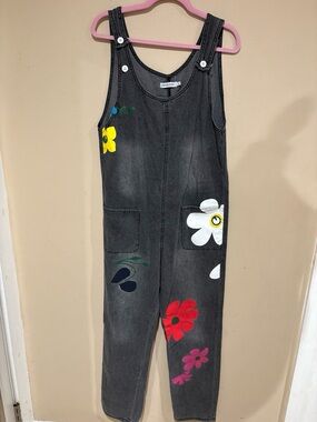 MISSLOOK Charcoal Floral Painted Denim Jumpsuit